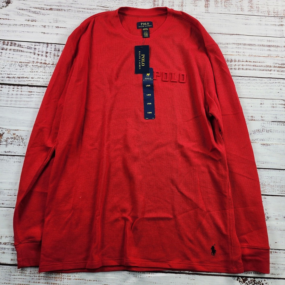 NWT Polo Ralph Lauren Mens L Red Waffle Thermal Sleepwear Shirt Embossed Logo